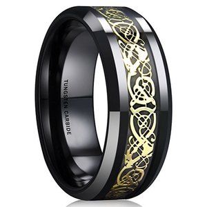 Mens Tungsten Wedding Band 8mm. Celtic Knot Wedding Ring Black w/ Gold Inlay.